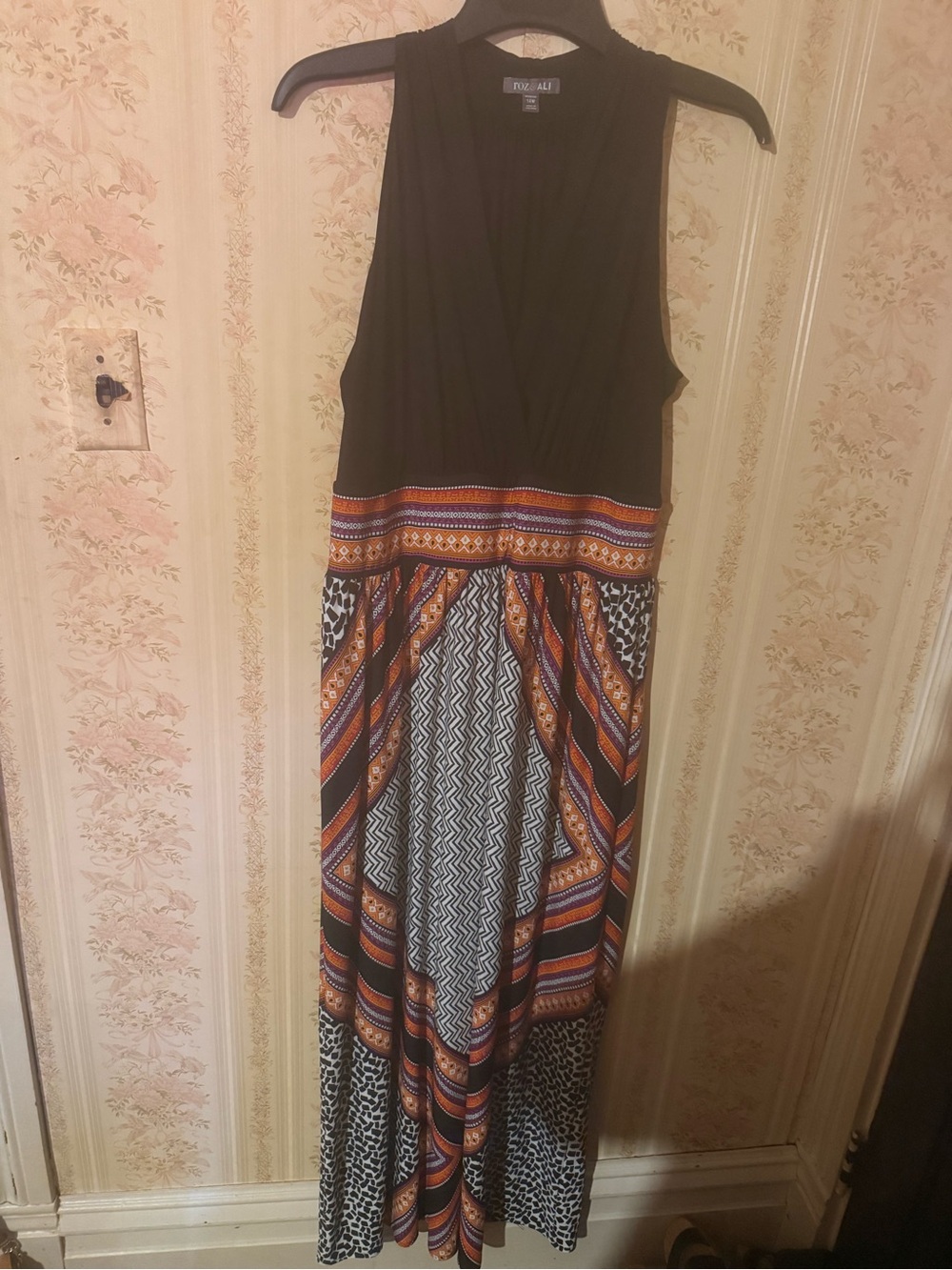 Roz & Ali Black Maxi Dress with Orange, White & Brown Patterned Skirt